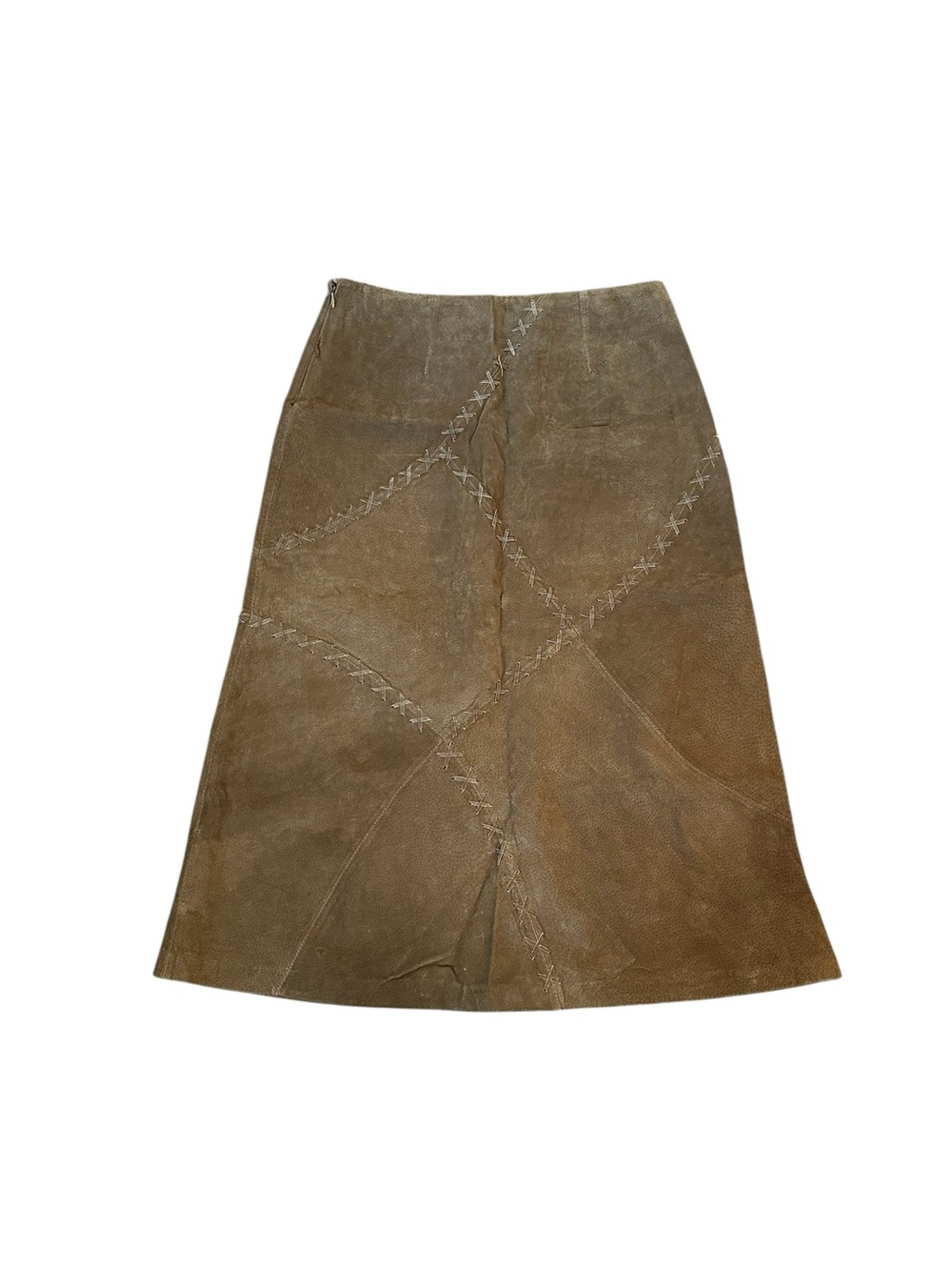 Vintage Faded Glory Suede Leather Midi Skirt Whipstitch Patchwork 70s Boho Y2K